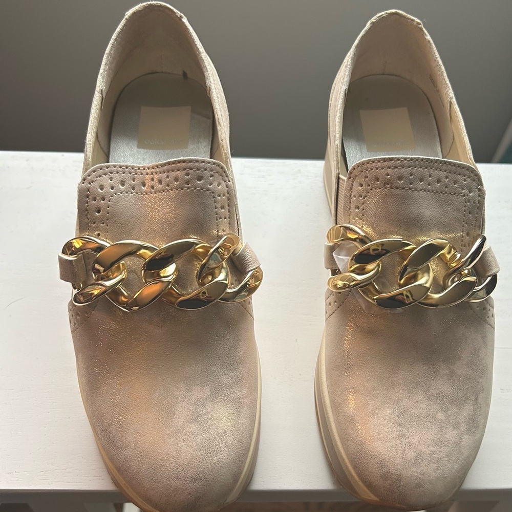 Dolce Vita Cream Loafers with Gold Chain